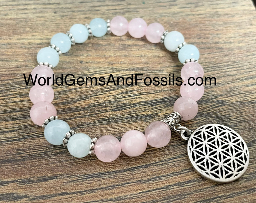 Rose Quartz Aquamarine Bracelet With Flower Of Life Charm 8mm