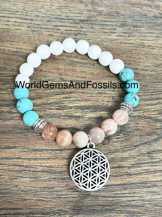 Peach Moonstone White Lava Bracelet With Flower Of Life Charm 8mm