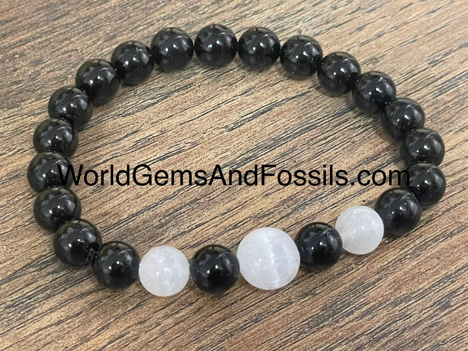 Black Tourmaline With Three Selenite Beads Bracelet 8mm