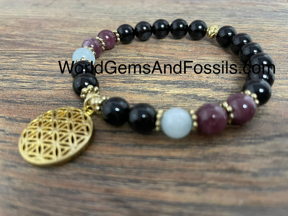 Black Obsidian Aquamarine Bracelet With Flower Of Life Charm 8mm