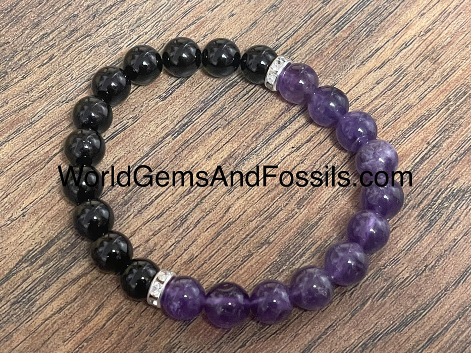 Black Tourmaline Amethyst Bracelet 8mm