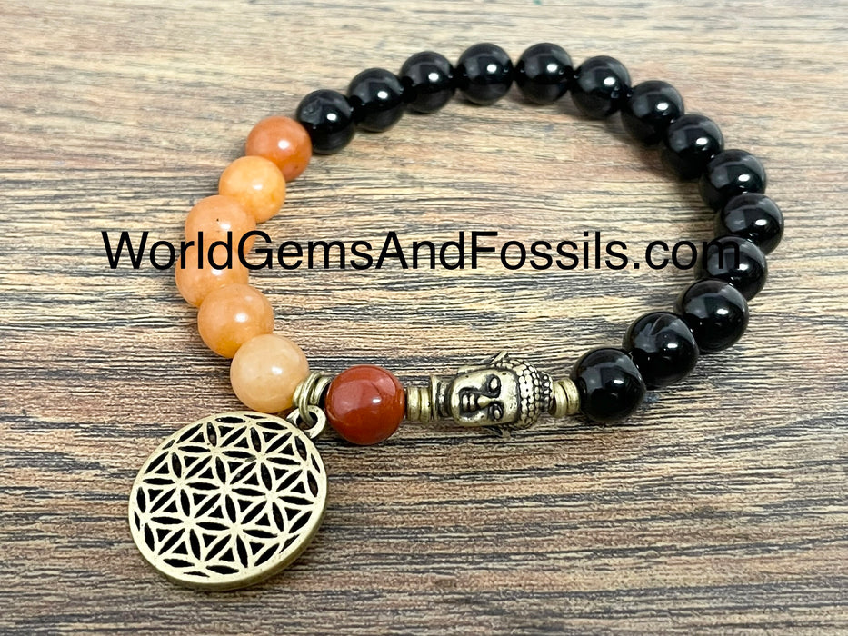 Black Obsidian Peach Aventurine Bracelet With Flower Of Life Charm 8mm