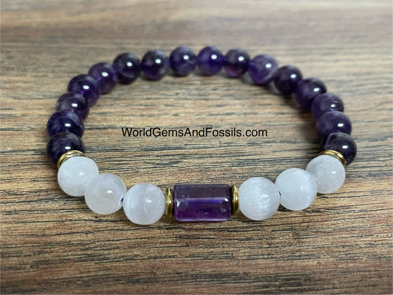 Selenite Amethyst Bracelet 8mm With Cylinder Bead