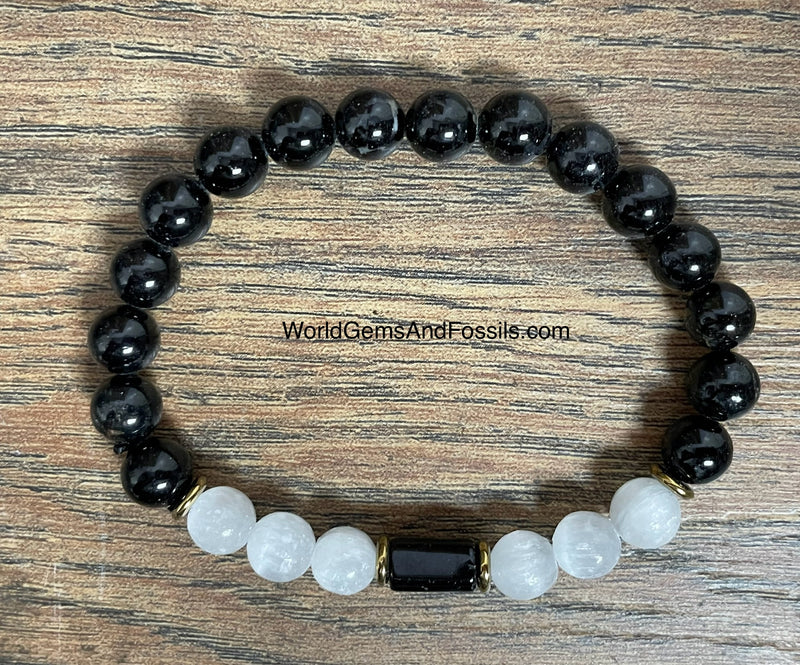 Selenite Black Tourmaline Bracelet 8mm With Cylinder Bead