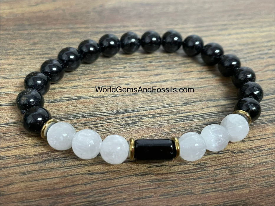 Selenite Black Tourmaline Bracelet 8mm With Cylinder Bead