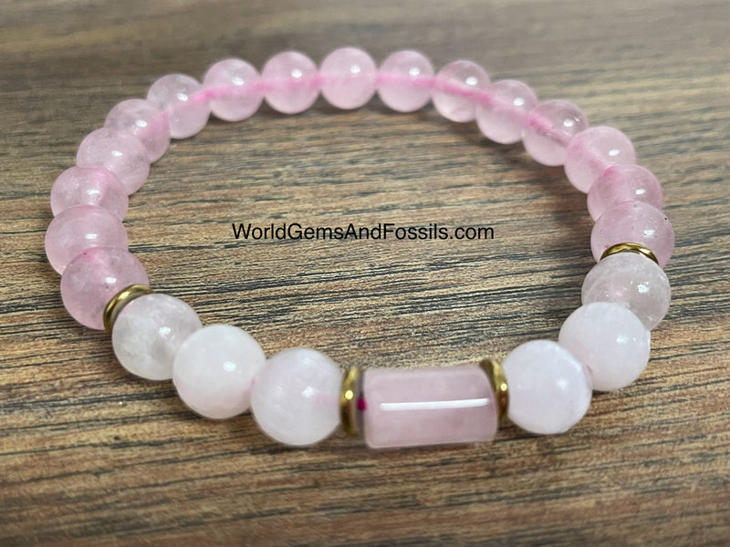 Selenite Rose Quartz Bracelet 8mm With Cylinder Bead