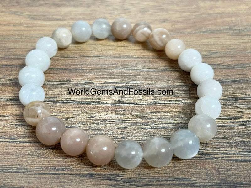 Black + Peach + White Rainbow Moonstone Bracelet 8mm