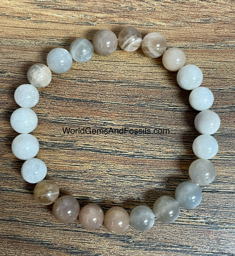 Black + Peach + White Rainbow Moonstone Bracelet 8mm