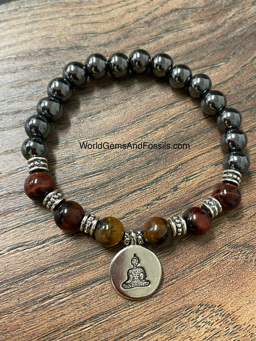 Hematite Tiger Eye Bracelet With Buddha Charm 8mm