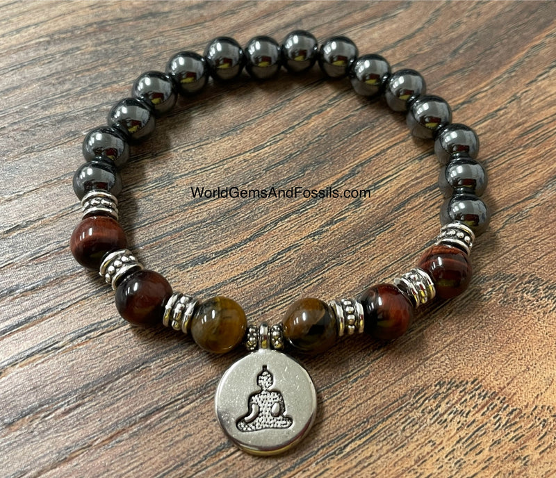 Hematite Tiger Eye Bracelet With Buddha Charm 8mm