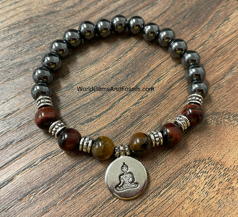 Hematite Tiger Eye Bracelet With Buddha Charm 8mm