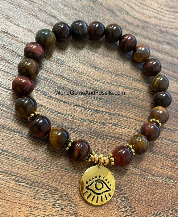 Red + Yellow Tiger Eye Bracelet With Evil Eye Charm 8mm