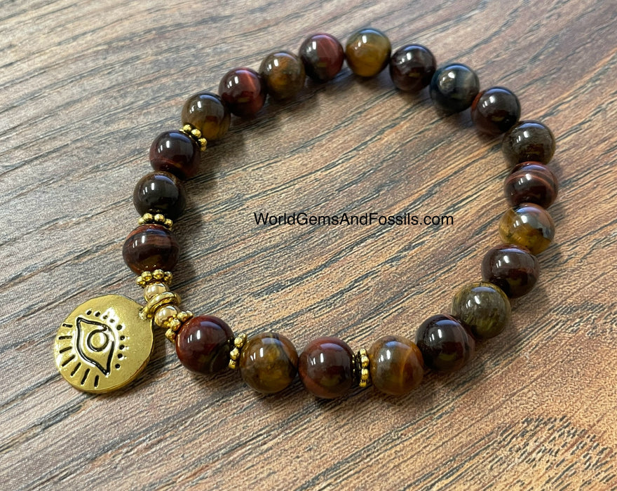 Red + Yellow Tiger Eye Bracelet With Evil Eye Charm 8mm