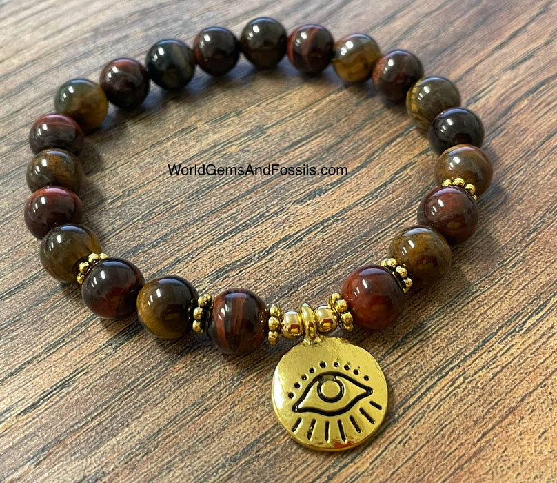 Red + Yellow Tiger Eye Bracelet With Evil Eye Charm 8mm