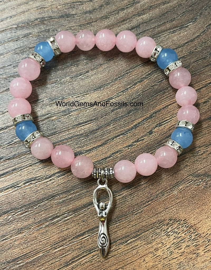 Rose Quartz Aquamarine Bracelet With Goddess Charm 8mm