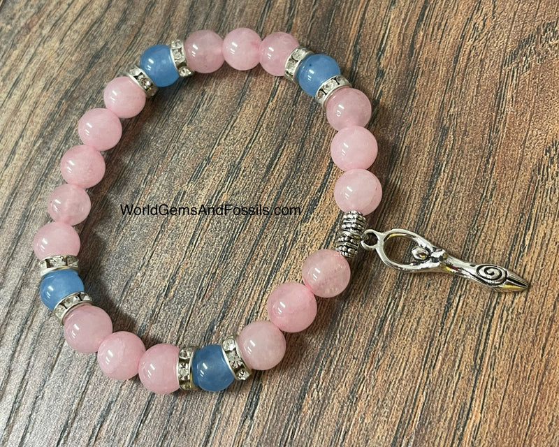 Rose Quartz Aquamarine Bracelet With Goddess Charm 8mm