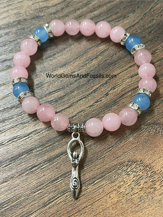 Rose Quartz Aquamarine Bracelet With Goddess Charm 8mm