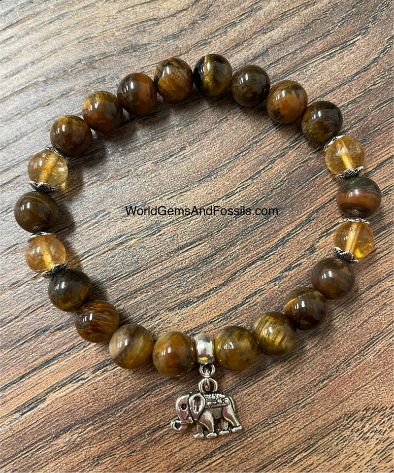 Tiger Eye Citrine Bracelet With Elephant Charm 8mm