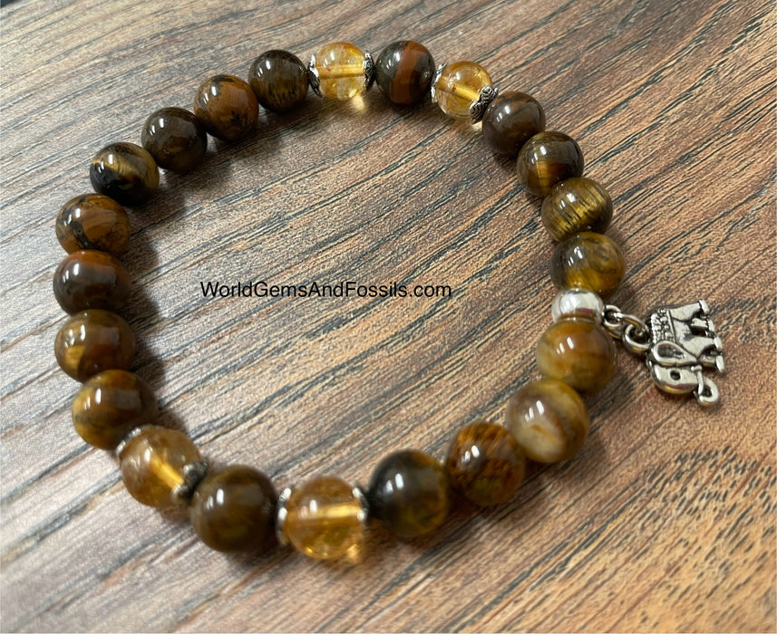 Tiger Eye Citrine Bracelet With Elephant Charm 8mm