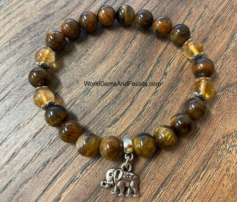 Tiger Eye Citrine Bracelet With Elephant Charm 8mm