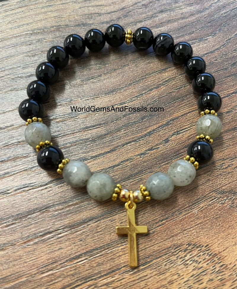 Labradorite Black Onyx Bracelet With Cross