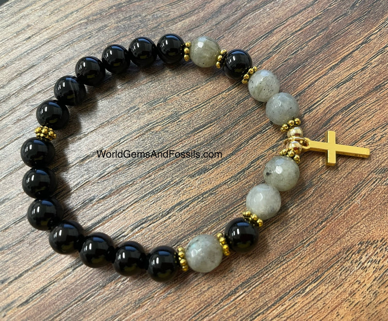 Labradorite Black Onyx Bracelet With Cross