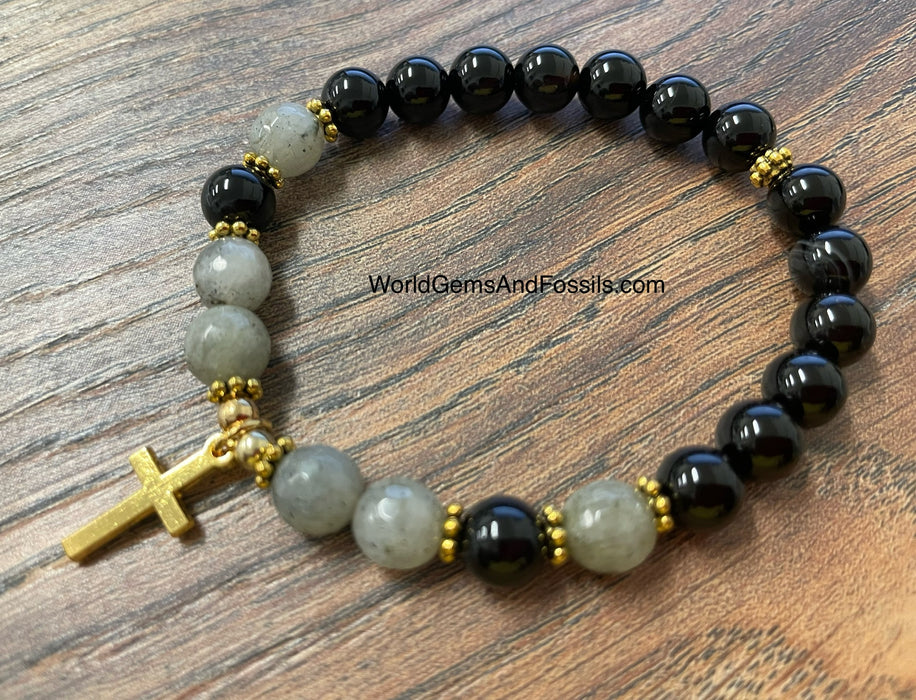 Labradorite Black Onyx Bracelet With Cross