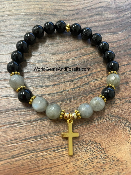 Labradorite Black Onyx Bracelet With Cross