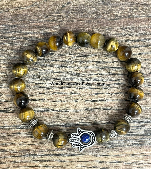 Yellow Tiger Eye Bracelet With Hamsa Hand 8mm