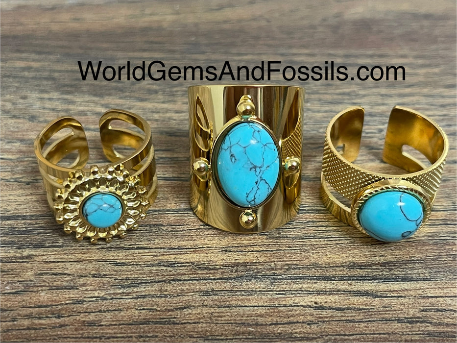 Blue Howlite Ring Gold Plated 3Pc Set