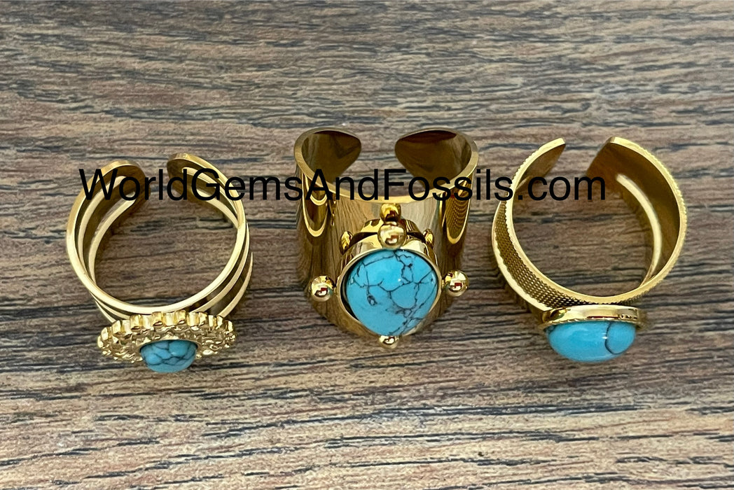 Blue Howlite Ring Gold Plated 3Pc Set