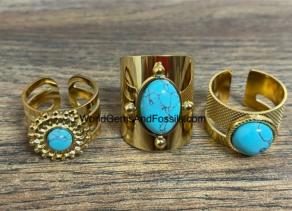 Blue Howlite Ring Gold Plated 3Pc Set