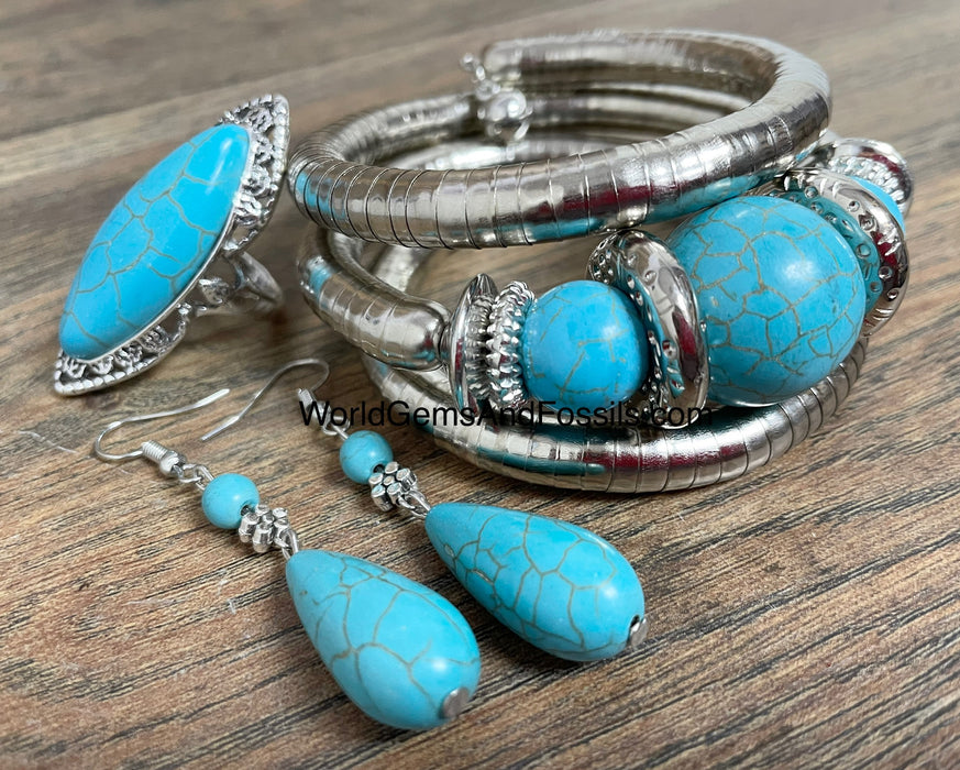 Blue Howlite Bracelet, Earring And Ring Set