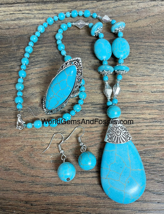 Blue Howlite Necklace, Earring And Ring Set