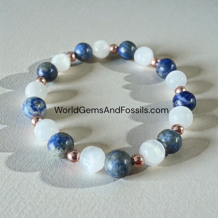 Selenite Lapis Bracelet with Gold Beads 8mm