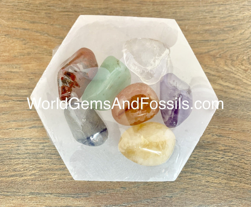 Chakra Stone Set With Selenite Charging Plate 4" Box/50Pcs