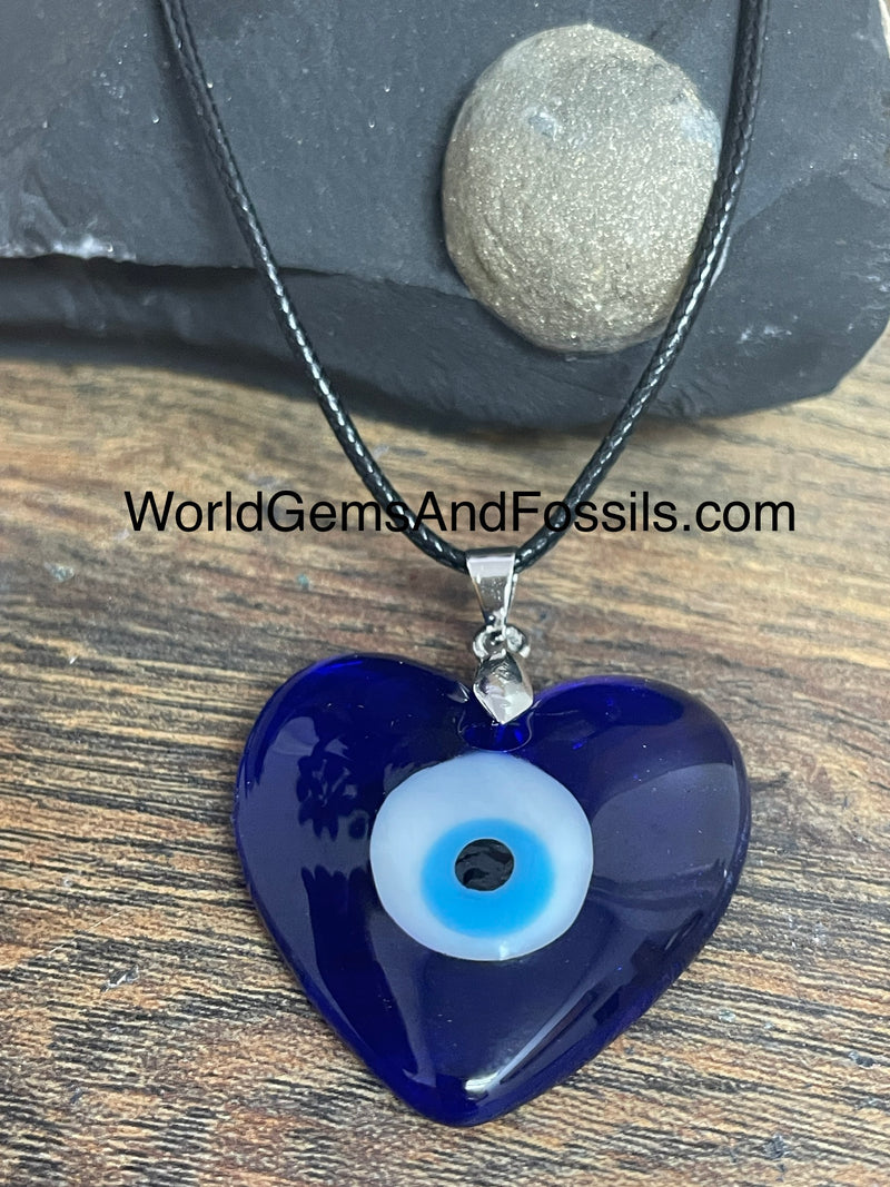 Evil Eye Necklace On Black Cord Heart
