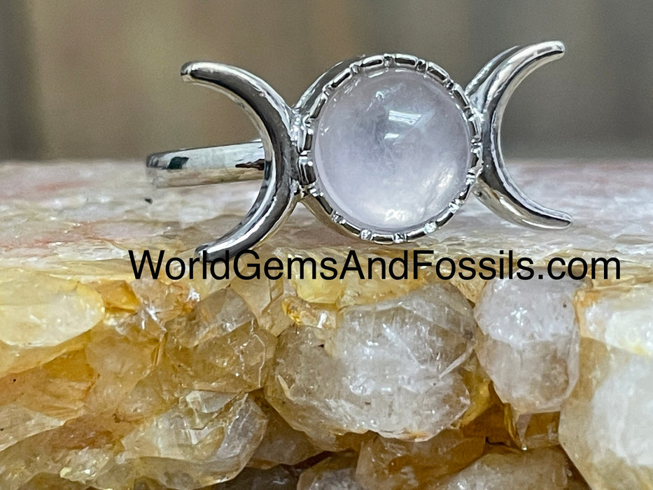 Rose Quartz Triple Moon Ring Silver Plated