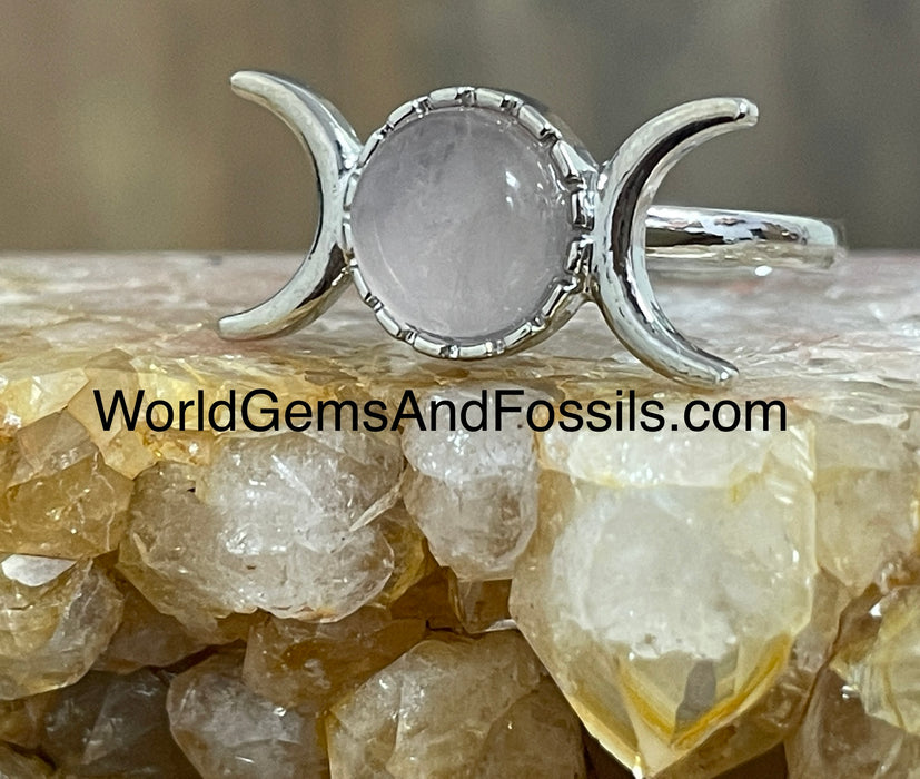 Rose Quartz Triple Moon Ring Silver Plated