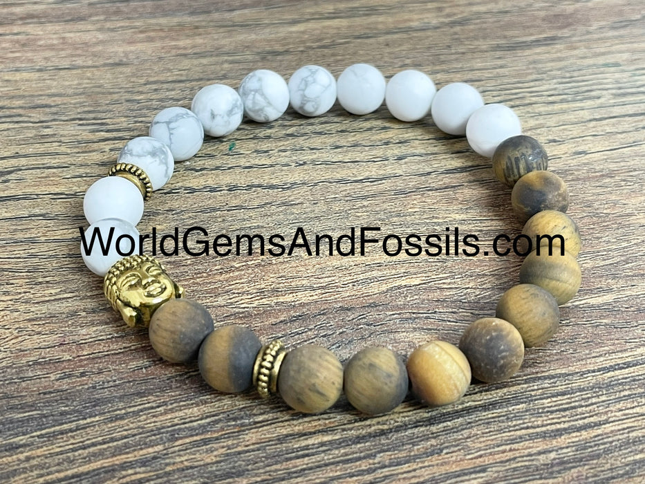 Tiger Eye White Howlite Bracelet With Buddha Head 8mm