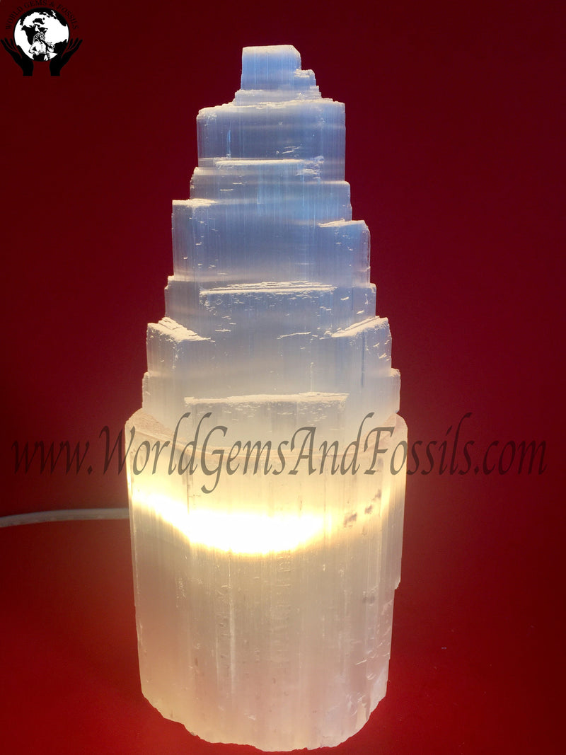 10" Selenite Single Tower Lamp With Cord And Bulb