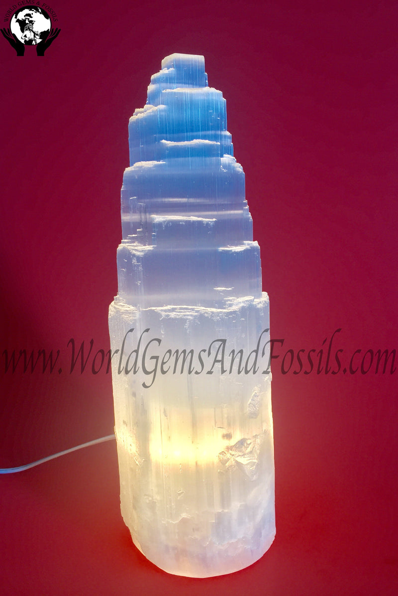 12" Selenite Single Tower Lamp With Cord And Bulb