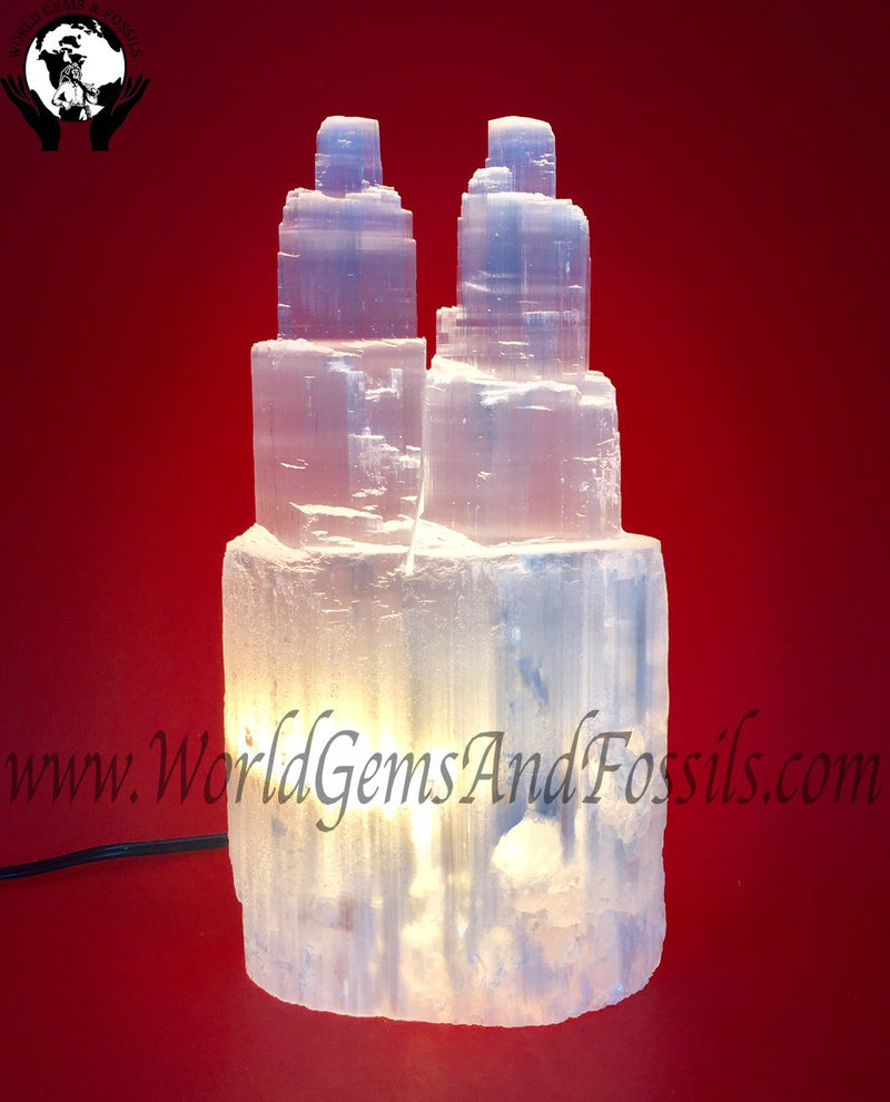 12" Selenite Two Tower Lamp With Cord And Bulb
