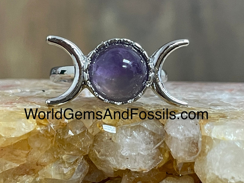 Amethyst Triple Moon Ring Silver Plated