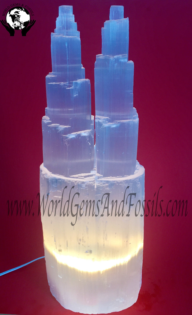 Selenite Two Tower Lamp With Cord And Bulb 15"-18"