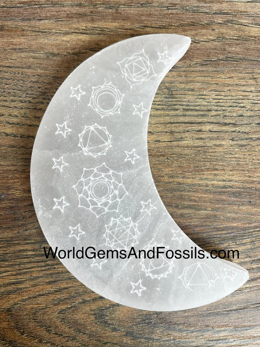 Selenite Chakra Moon Engraving 4”