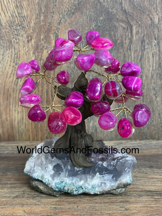 Pink Agate Bonsai Tree On Amethyst Base #7