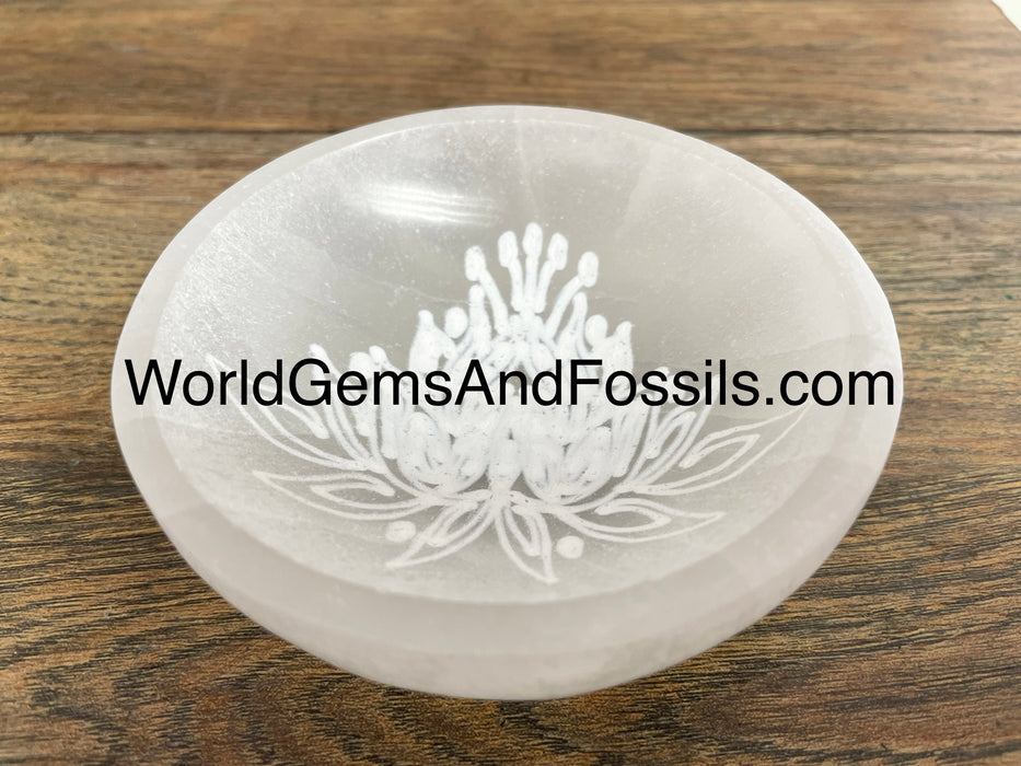 4" Selenite Bowl With Lotus Flower Engraving