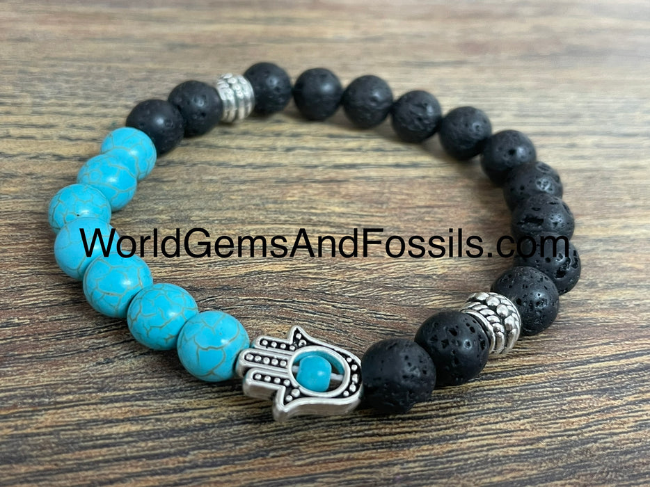 Blue Howlite Lava Bracelet With Hamsa Hand 8mm