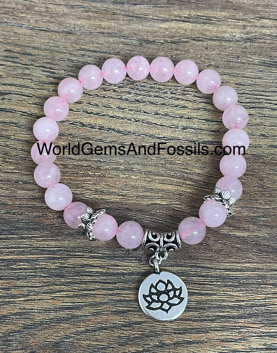 Rose Quartz Bracelet With Lotus Flower Charm 8mm